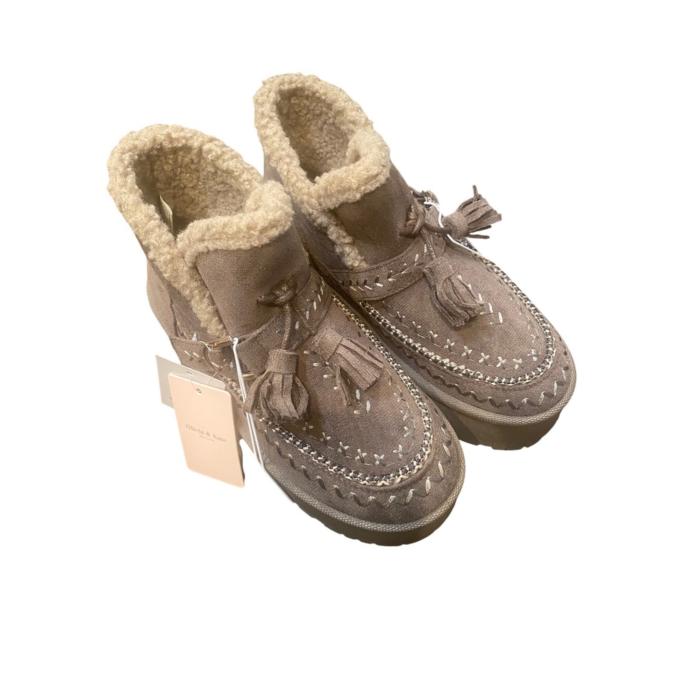 Olivia & Kate New York Gray Platform Ankle Boots Faux Shearling Tassel Size 7